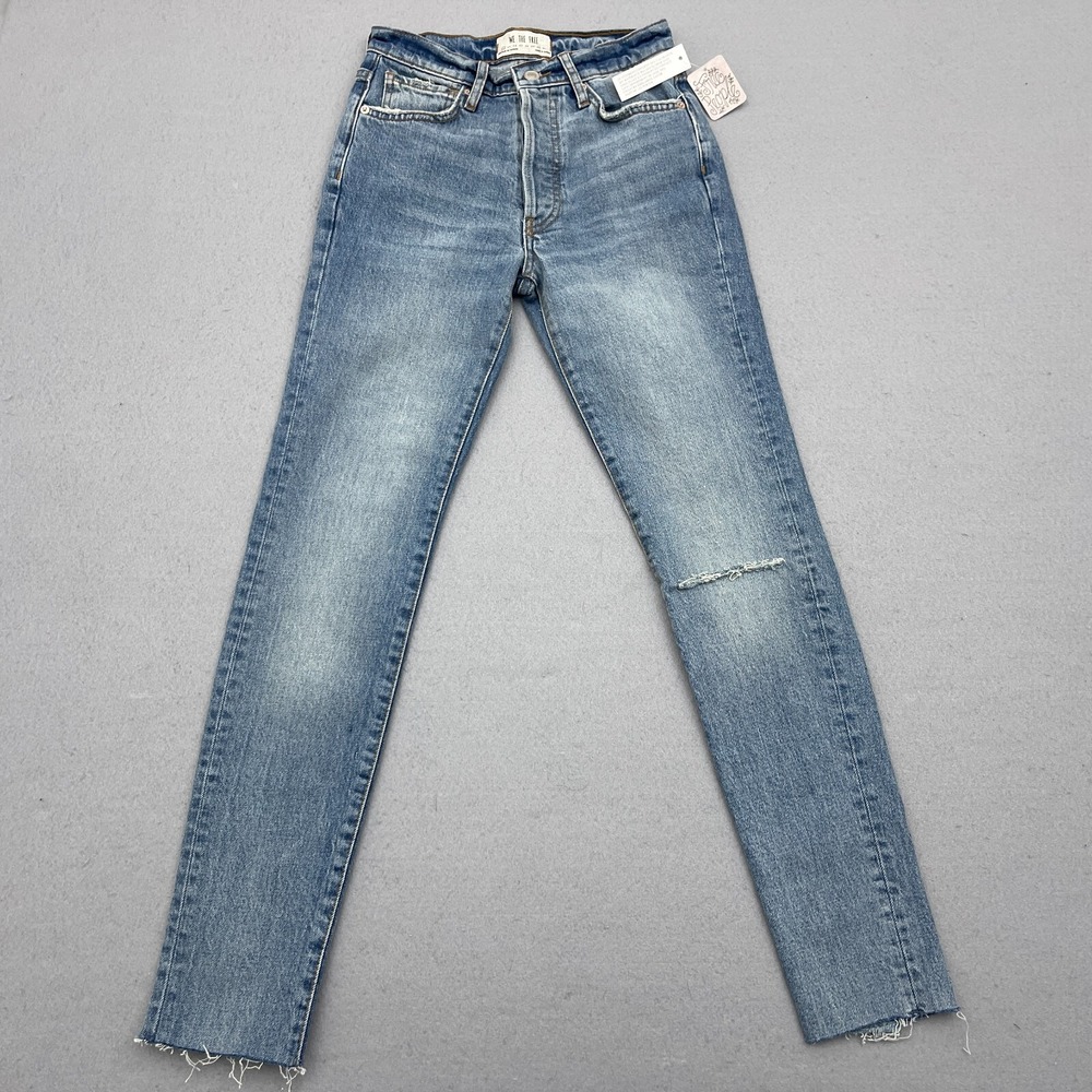 Free People We The Free Jeans Women 24 Slim Straight Blue Distressed Denim Boho